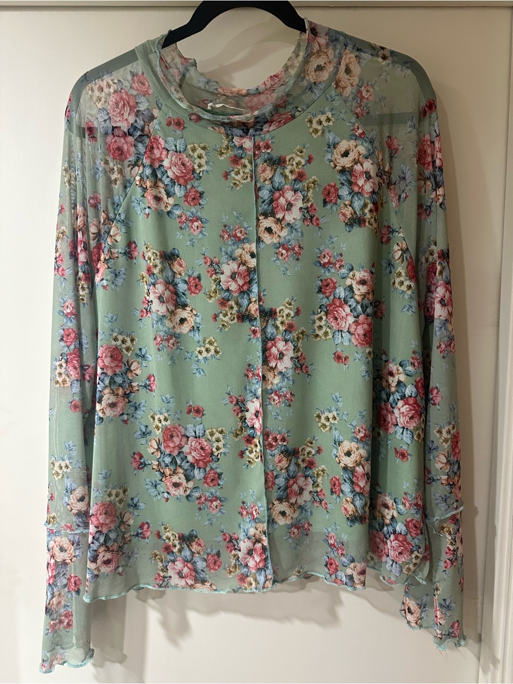 Mesh Partially Lined Floral Long-Sleeve Blouse in Sage Green